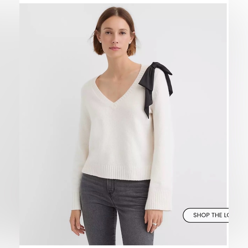 LOFT V-Neck Satin Bow Wide Sleeve Sweater